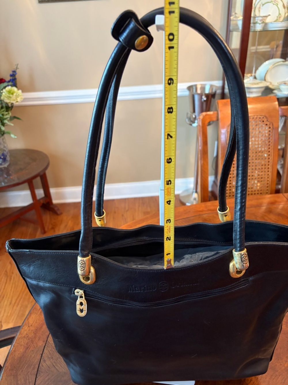 Marino Orlandi Black Embossed Rose Leather Tote with Gold Hardware - Picture 6 of 11